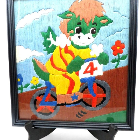 DRAGON on Bicycle NEEDLEPOINT Framed in Black Wood Frame 10.7 x 9.5" Vintage - Picture 3 of 10